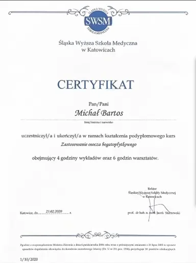 Certyfikat i kwalifikacja — Dr Michał Bartos