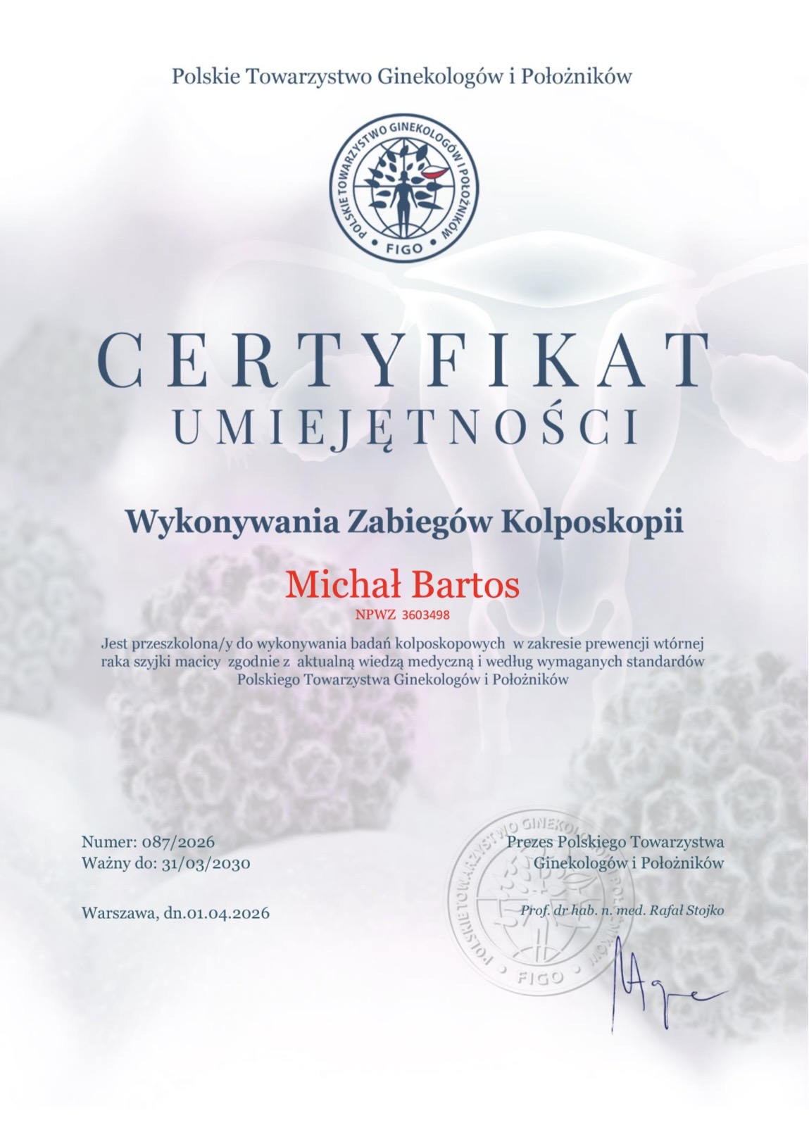 Certyfikat umiejętności wykonywania zabiegów kolposkopii