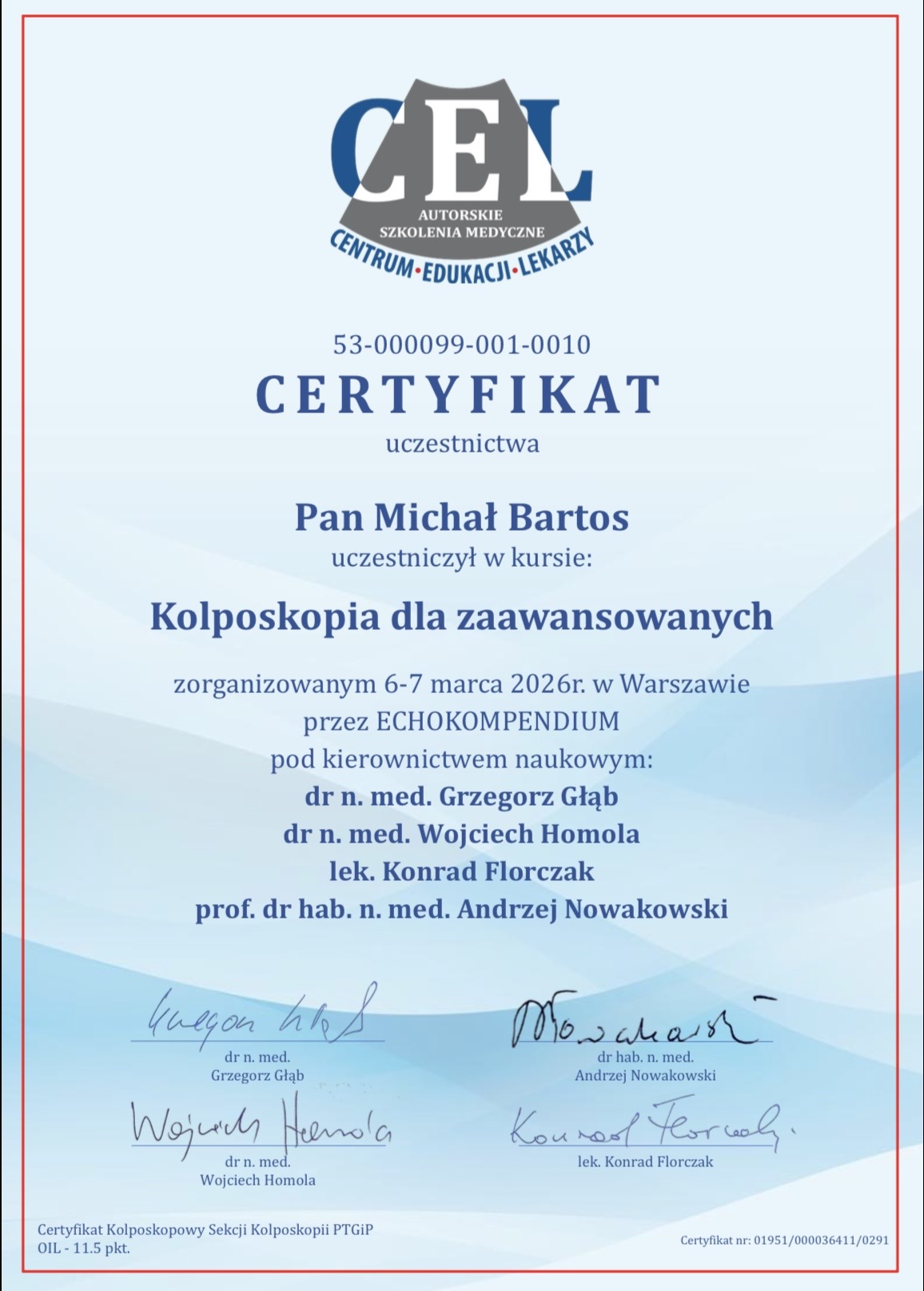 Certyfikat Kolposkopia