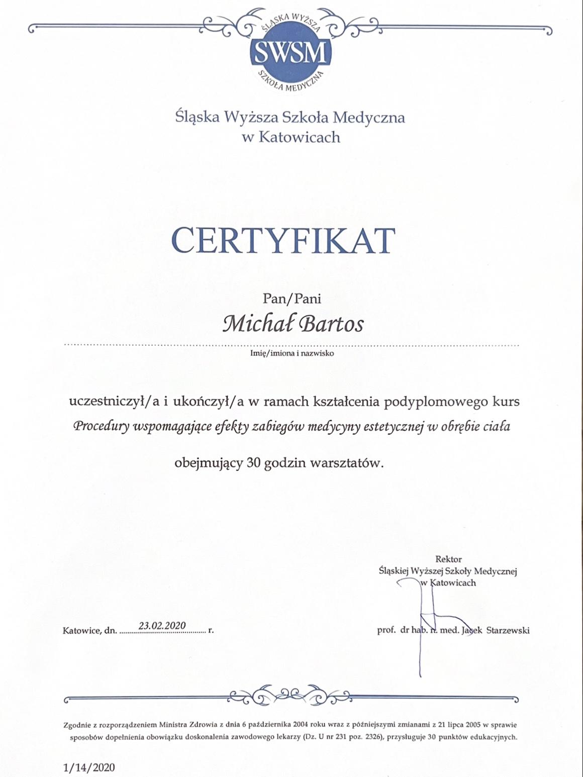 Certyfikat zabiegi na ciało