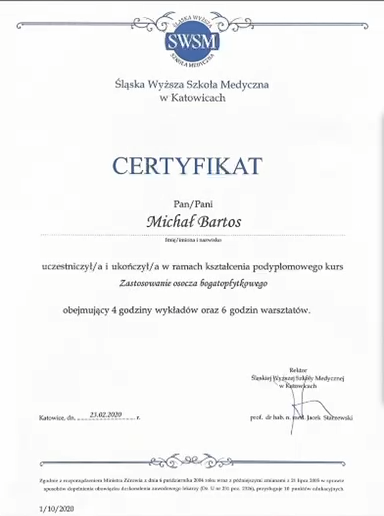 Certyfikat ukończenia kursu zastosowanie osocza bogatopłytkowego