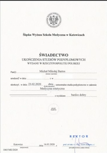 Świadectwo ukończenia studiów podyplomowych z medycyny estetycznej
